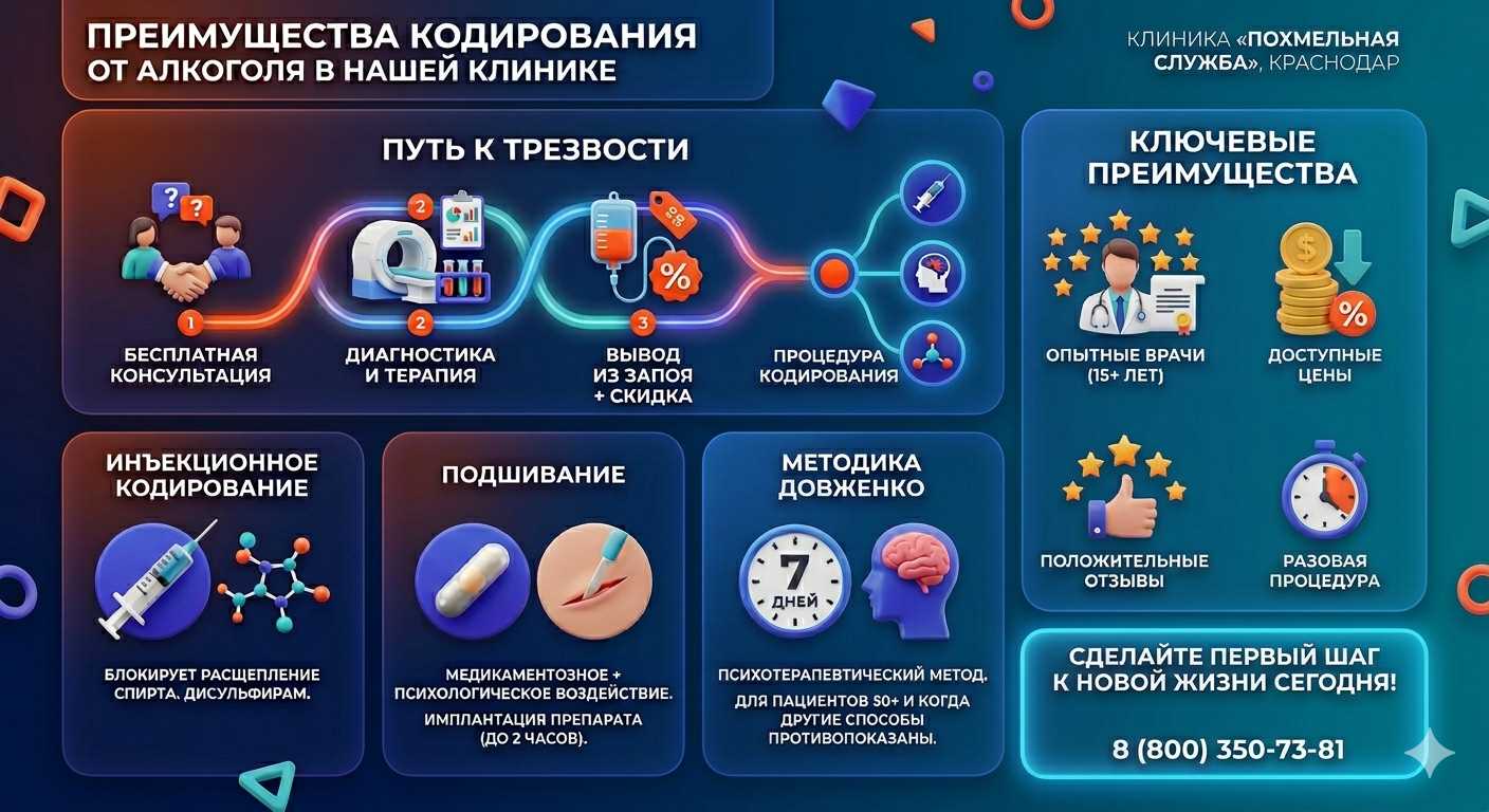 Инфографика о методах кодирования от алкоголя в Верхнеяркеево: инъекции, подшивание, метод Довженко. Преимущества клиники и этапы лечения.