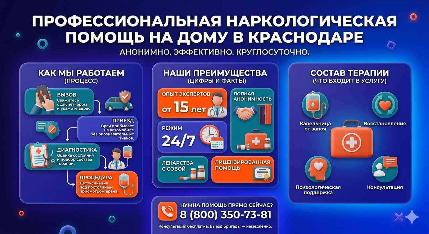 Инфографика о принципах лечения алкоголизма на дому в Верхнеяркеево: этапы вызова нарколога, преимущества анонимной детоксикации и состав медицинской помощи.